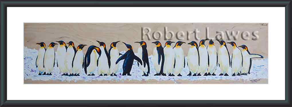 Penguins, acrylic on wood.